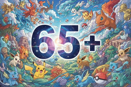 make a background of Pokemon with the number 65+ in a galaxy font over top of it